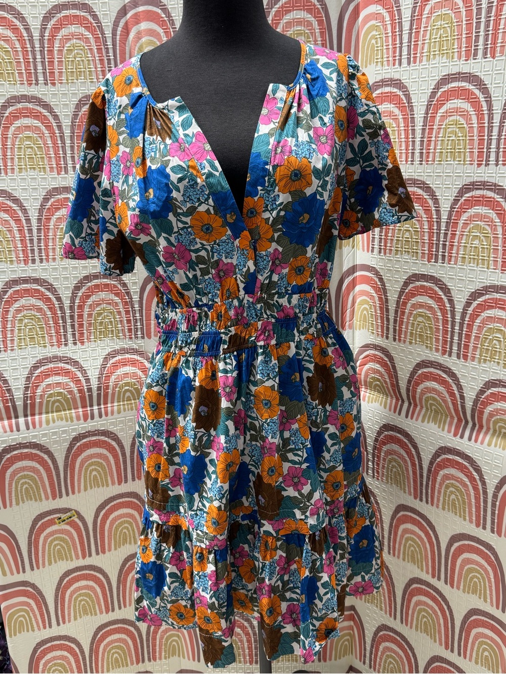 Anthropologie Floral Tiered V-Neck Dress in Blue, Orange & Pink